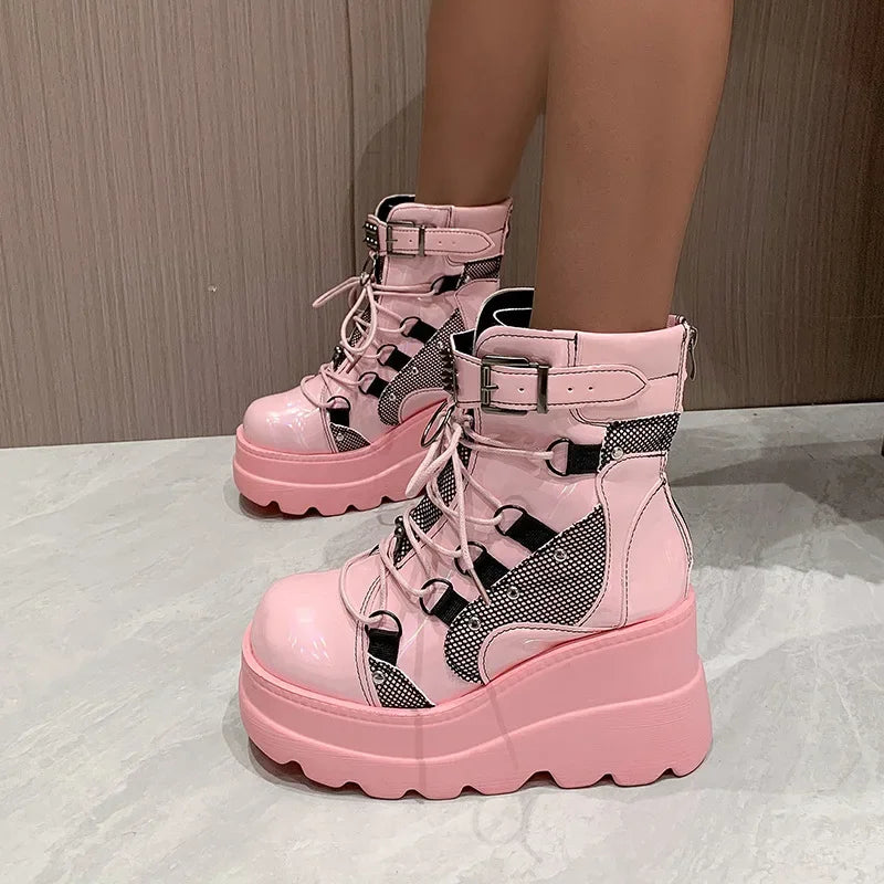 Cosplayer Gothic Motorcycle Boots 2024 New Platform Chunky High Heel Ankle Boot Ladies Cool Wedge Punk Woman Black Female Shoes
