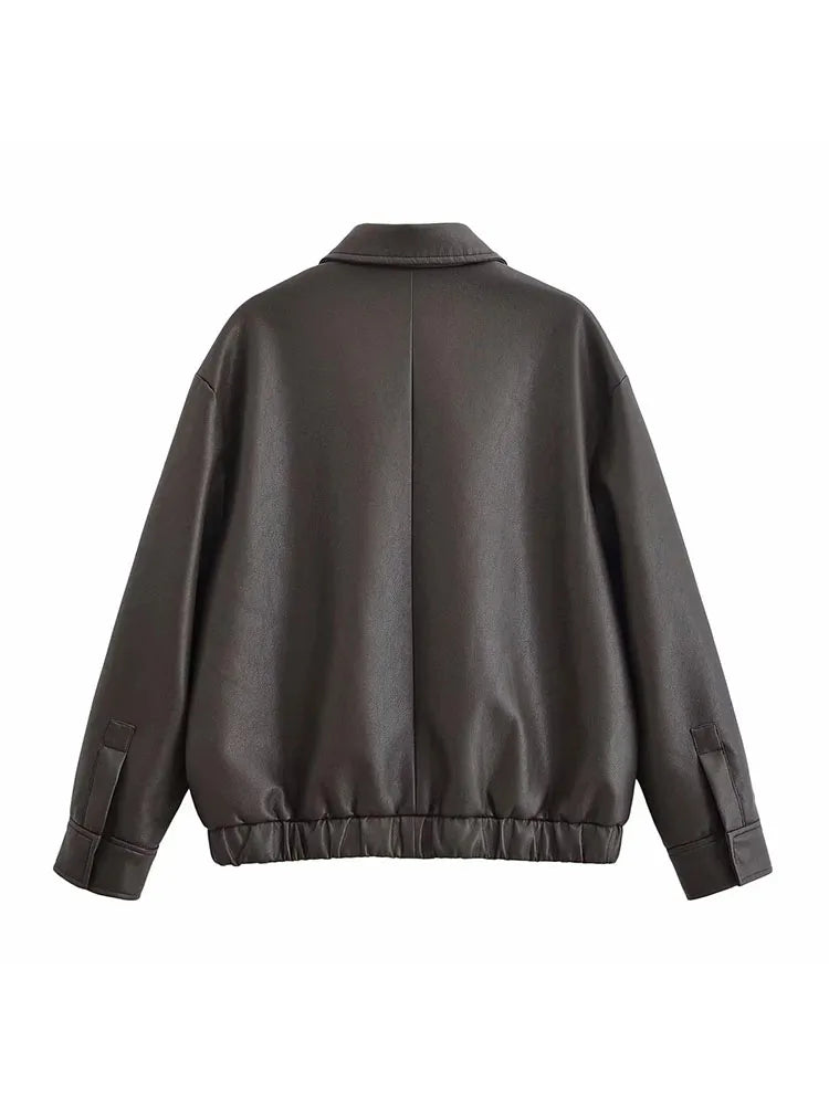 Women 2025 Autumn Artificial Leather Casual Chic Women Jacket Solid Turn-down Collar Zipper Long Sleeve Coats Fashion Coats