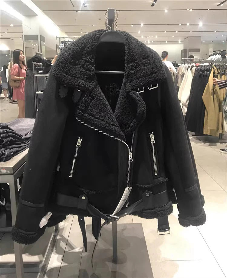 2025 Winter Women Thick Warm Suede Lamb Jacket Short Motorcycle Brown Coats Faux Shearling Sheepskin Leather Jackets Outwear