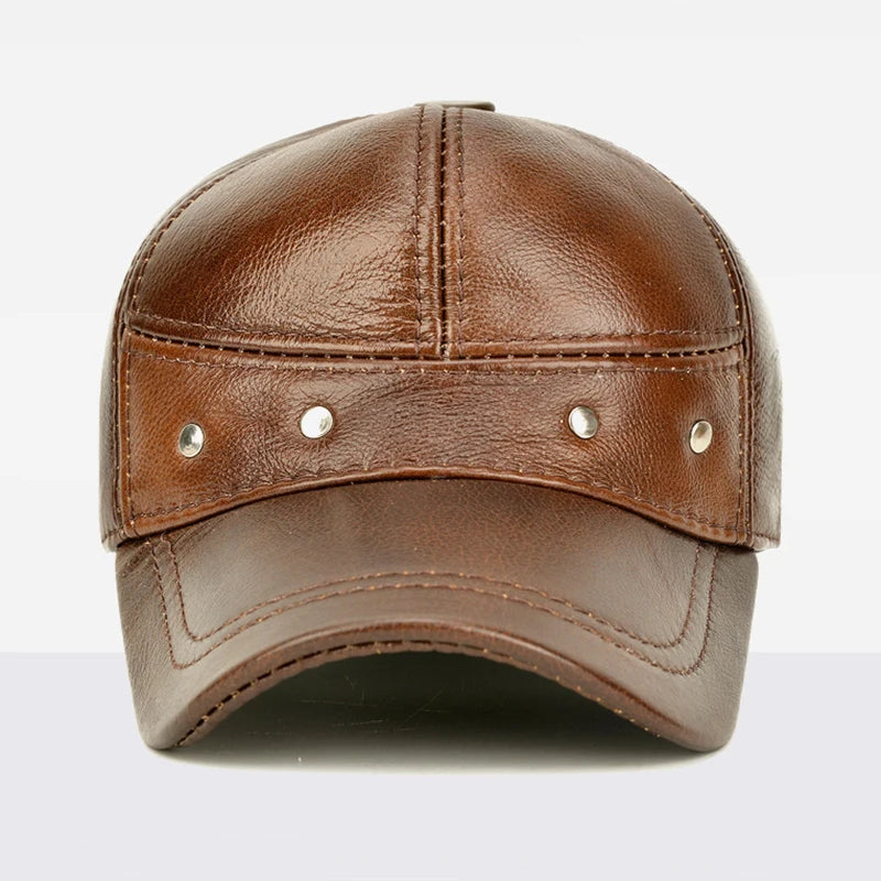 New 2025 Man High Quality Real Leather Baseball Caps Male Casual Cowhide Belt Ear Warm 56-60cm Adjustable Sprot Flight Hats