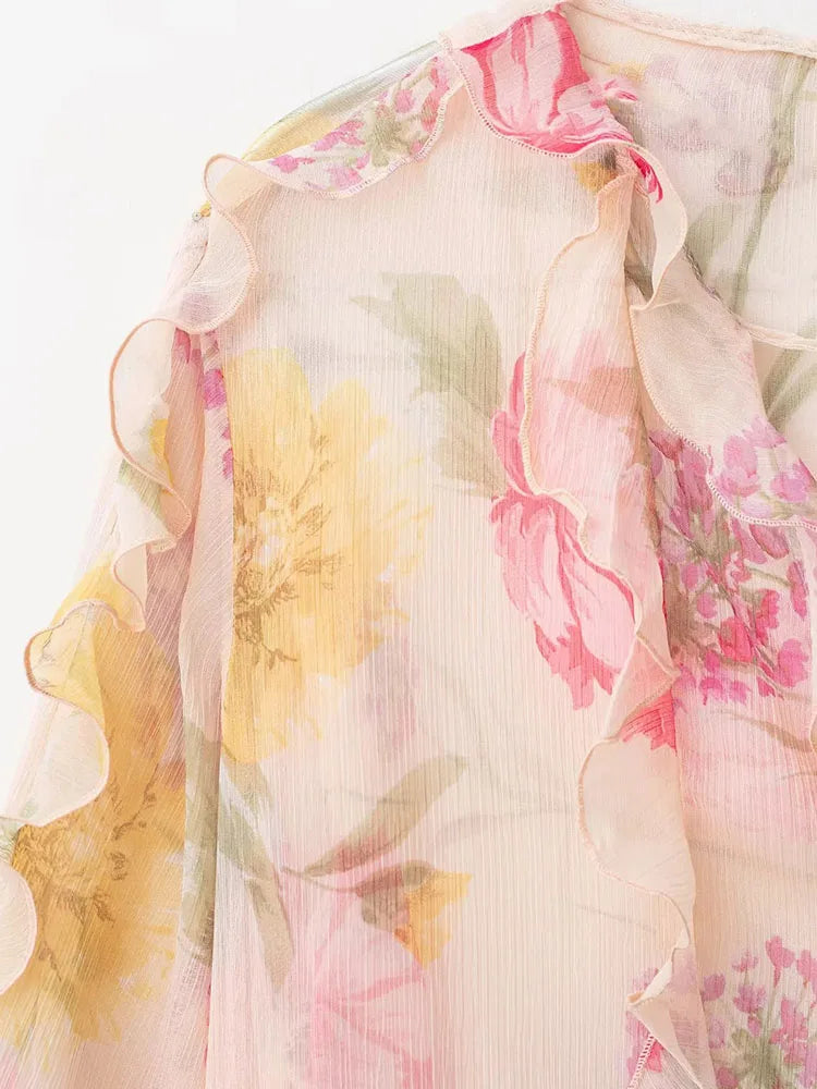 Women's Casual Chic Women Blouse Print Tierred V-Neck Long Flare Sleeve Loose Shirts New Fashion 2025 Autumn Blouses