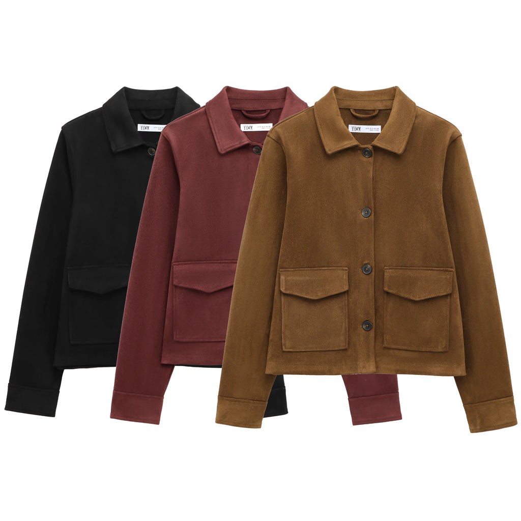 Women's Suede Texture Jacket 2025 Fashion Long Sleeve Cropped Coats Women Casual New In Outerwear