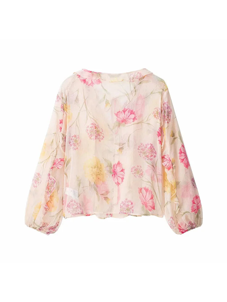 Women's Casual Chic Women Blouse Print Tierred V-Neck Long Flare Sleeve Loose Shirts New Fashion 2025 Autumn Blouses