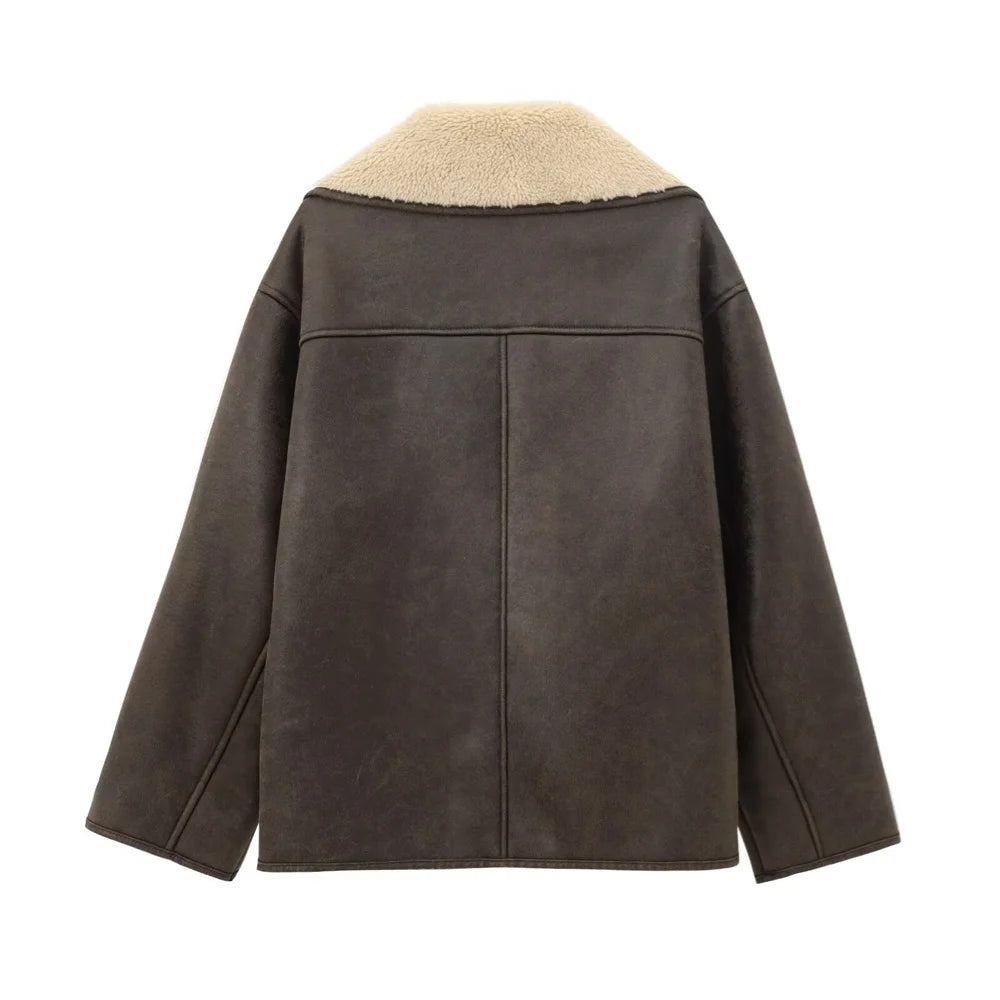 Pocket Decor Single breasted Warm Coat Autumn/Winter Fleece Collar Long Sleeve Women's Jacket Coat