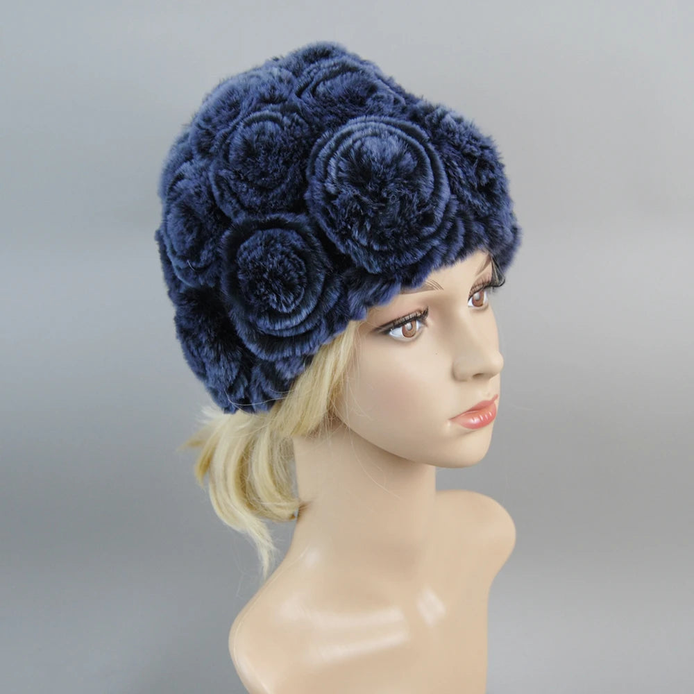 Winter Knitted 100% Natural Fur Hats Scarves Sets Women Warm Real Rex Rabbit Fur Hat Scarf Lady Fashiom Thick Rex Rabbit Fur Hat