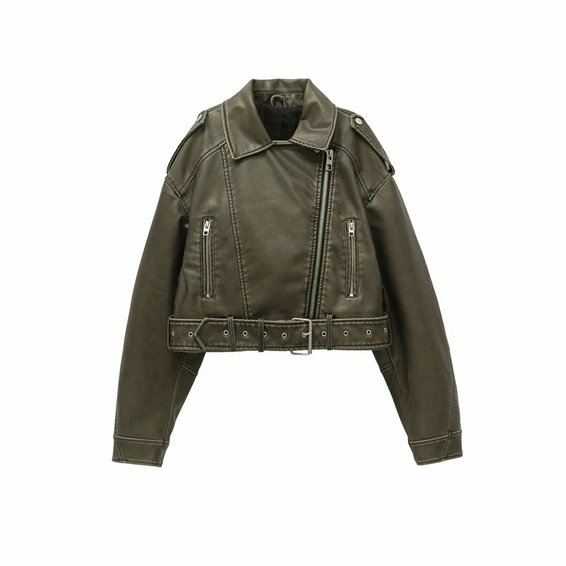 2025 New style Women's washed leather jacket with belt, short coat with downgraded zipper and vintage lapel jacket