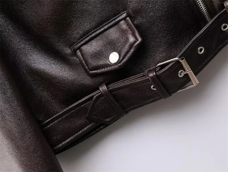 2025 Light Faux Spring Autumn Women Retro Short Soft Leather Jacket Vintage Female Belt Zipper Coat Moto Biker Outwear Tops