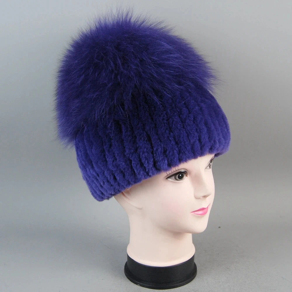 Female's Hat Good Elastic Natural Fluffy Real Fox Fur Hat New Winter Women Knitted Real Rex Rabbit Fur Hats Lady Real Fur Cap