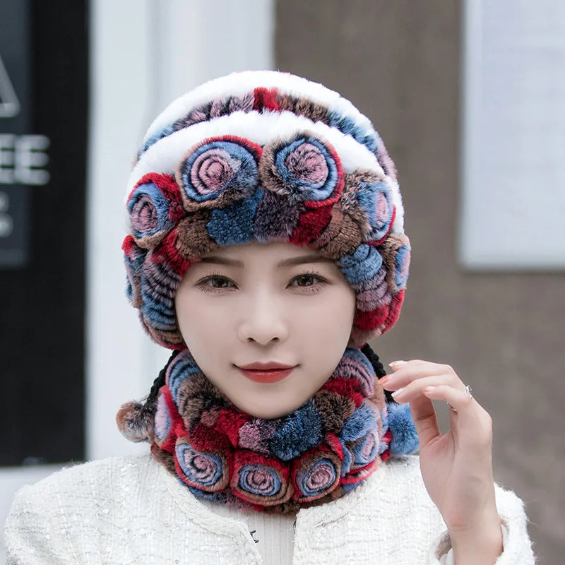 Hot Sale Women Warm Rex Rabbit Fur Hat Scarf Sets Winter Lady Knit Fur Hats Muffler 2 Pieces Natural Rex Rabbit Fur Cap Scarves