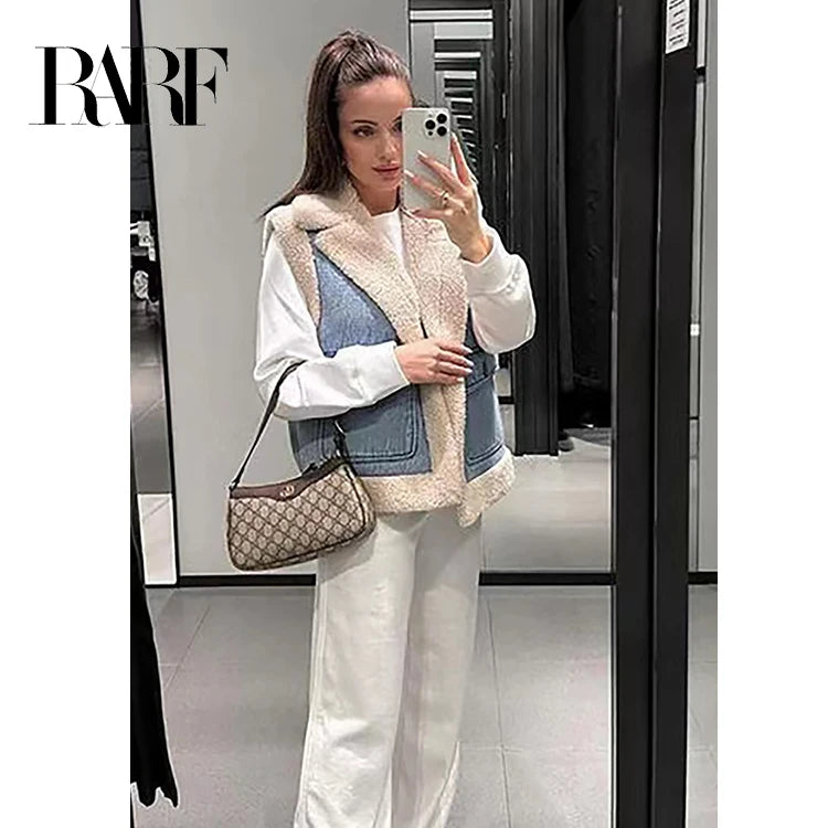 2025 women's new autumn and winter jeans do old wash and cashmere lamb vest women's top clip coat