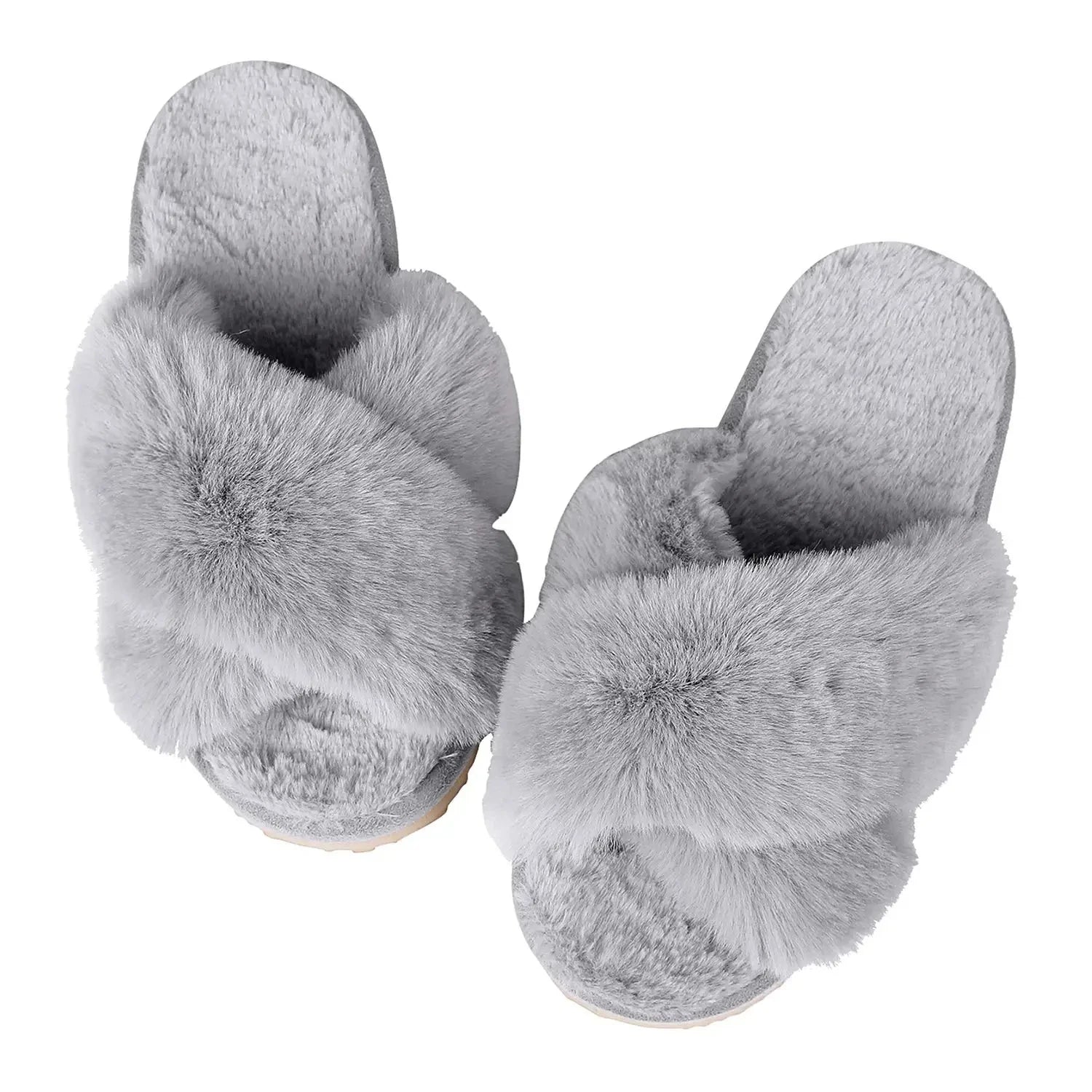 Eyriphy Indoor Open Toe Flats Cotton Shoes Comfort House Slippers Winter Fluffy Fur Slippers Women Fashion Plush Fuzzy Slippers