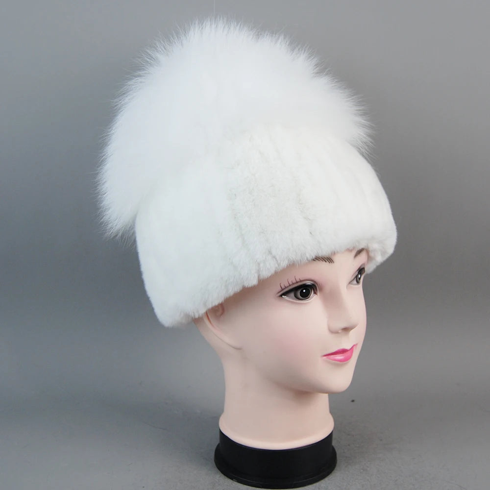 Female's Hat Good Elastic Natural Fluffy Real Fox Fur Hat New Winter Women Knitted Real Rex Rabbit Fur Hats Lady Real Fur Cap