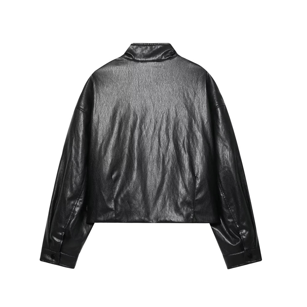 Autumn New Product Women's Wear High End Loose High Collar Imitation Leather Pilot Jacket Coat Leather Jacket