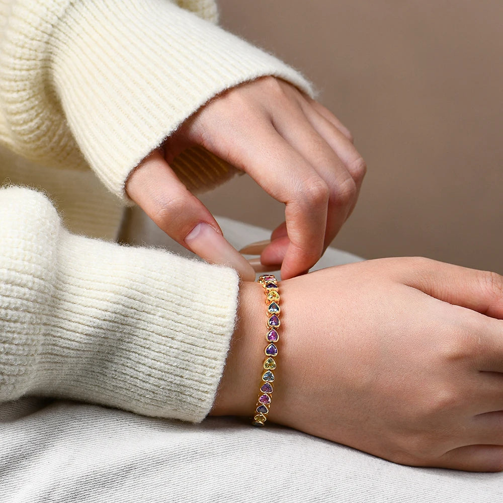 ATTAGEMS Heart-shape Sapphire Colorful Bracelet S925 Sterling Silver 18K Gold Plated Zircon For Women Engagement  Party  Jewelry