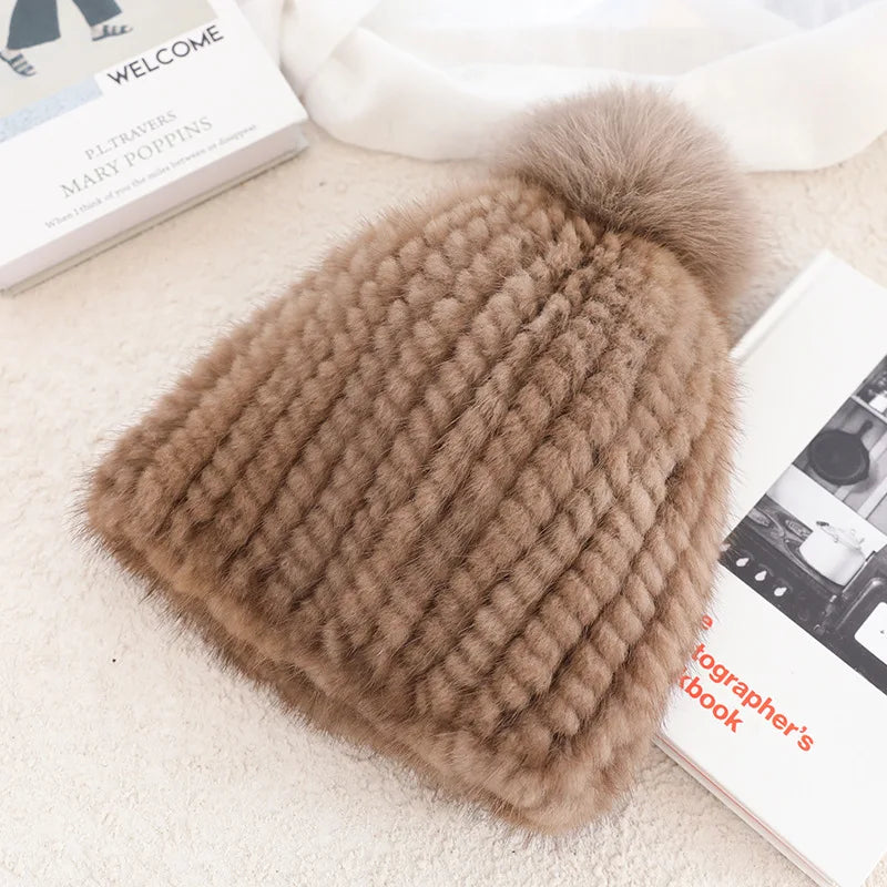Real Mink Fur Hat For Women New Brand Thicken Female Fur Caps Ladies Winter Knitted Mink Fur Beanies With Fox Fur Pompoms Hat