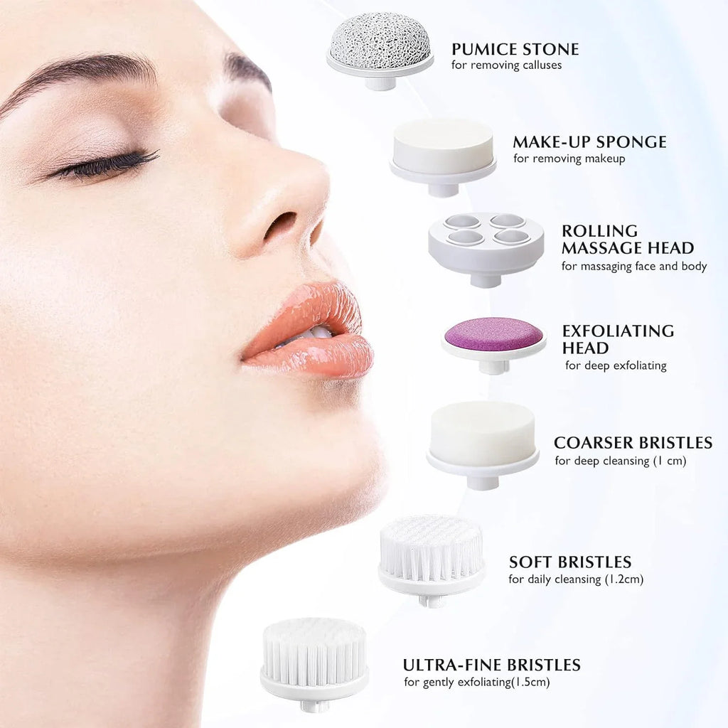 7-in-1 Electric Exfoliating Facial Cleansing Brush for Deep Cleansing and Massaging, with 7 Replaceable Brush Heads.