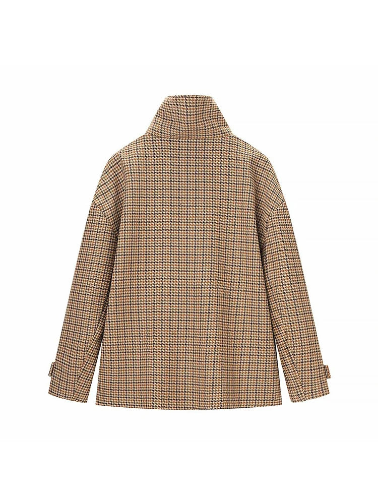 Women Fashion Houndstooth High Collar Short Jacket For Women Chic Long Sleeve Single Breasted Jacket Lady Outerwear