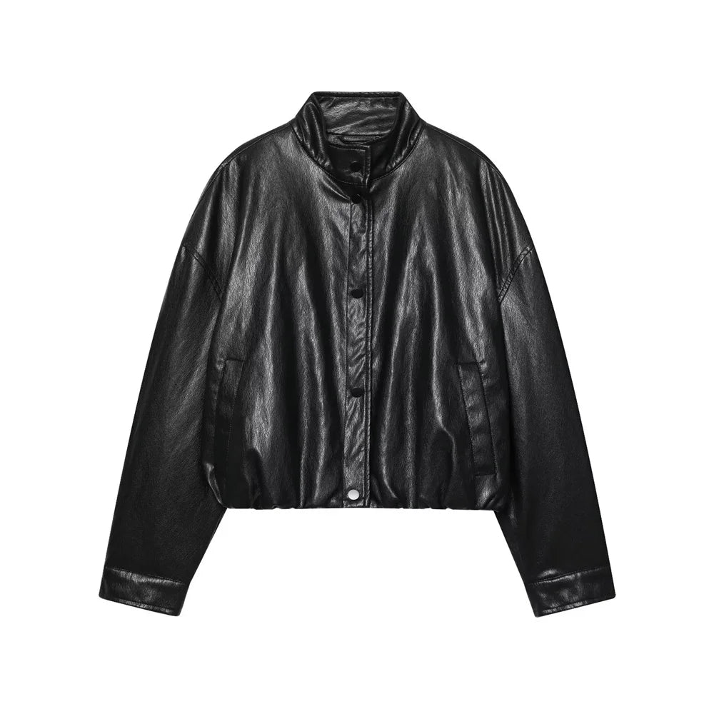 Autumn New Product Women's Wear High End Loose High Collar Imitation Leather Pilot Jacket Coat Leather Jacket