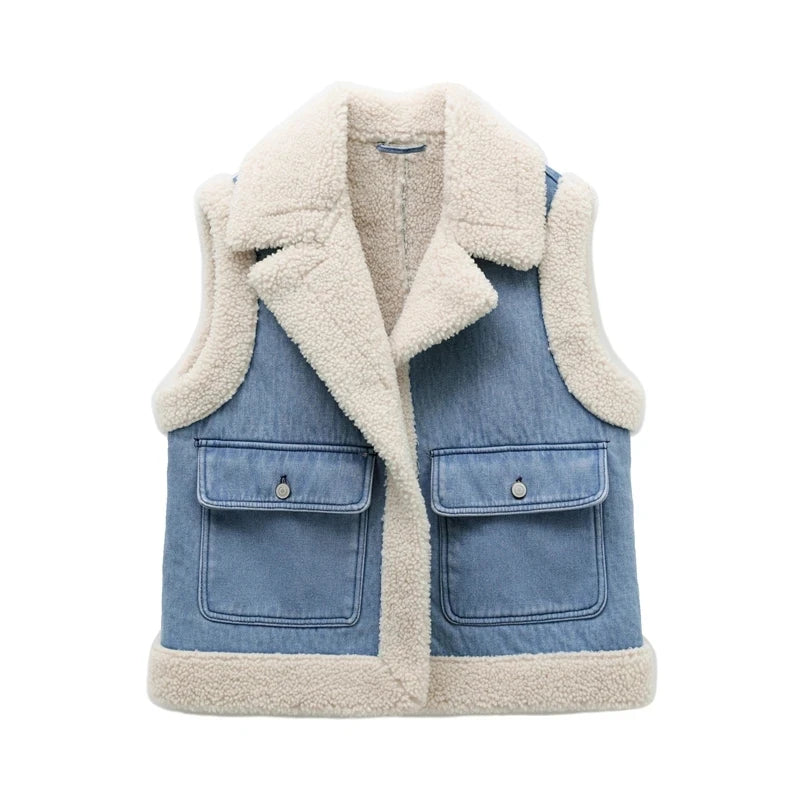 2025 women's new autumn and winter jeans do old wash and cashmere lamb vest women's top clip coat
