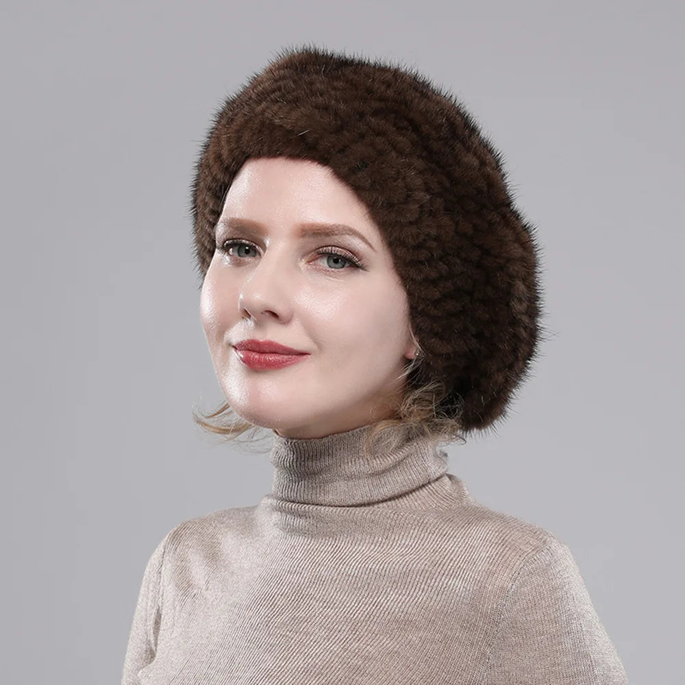 Real Mink Fur Berets Elegant Women's Winter Caps New Design Fashion Fur Hats Knitted Warm Natural Mink Fur Beanies Hat