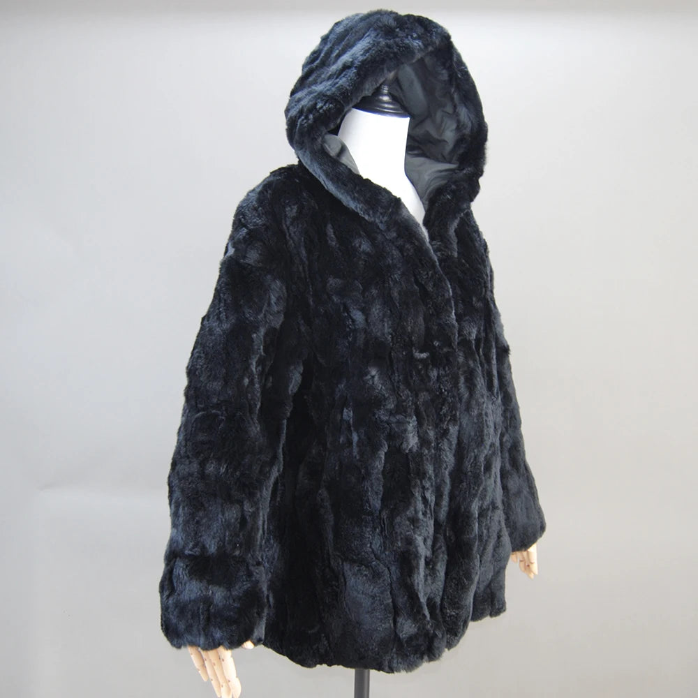 Lady Real Rex Rabbit Fur Coat Luxury Hooded Genuine Rex Rabbit Fur Jacket 2025 Fashion Women Whole Skin Real Rex Rabbit Fur Coat