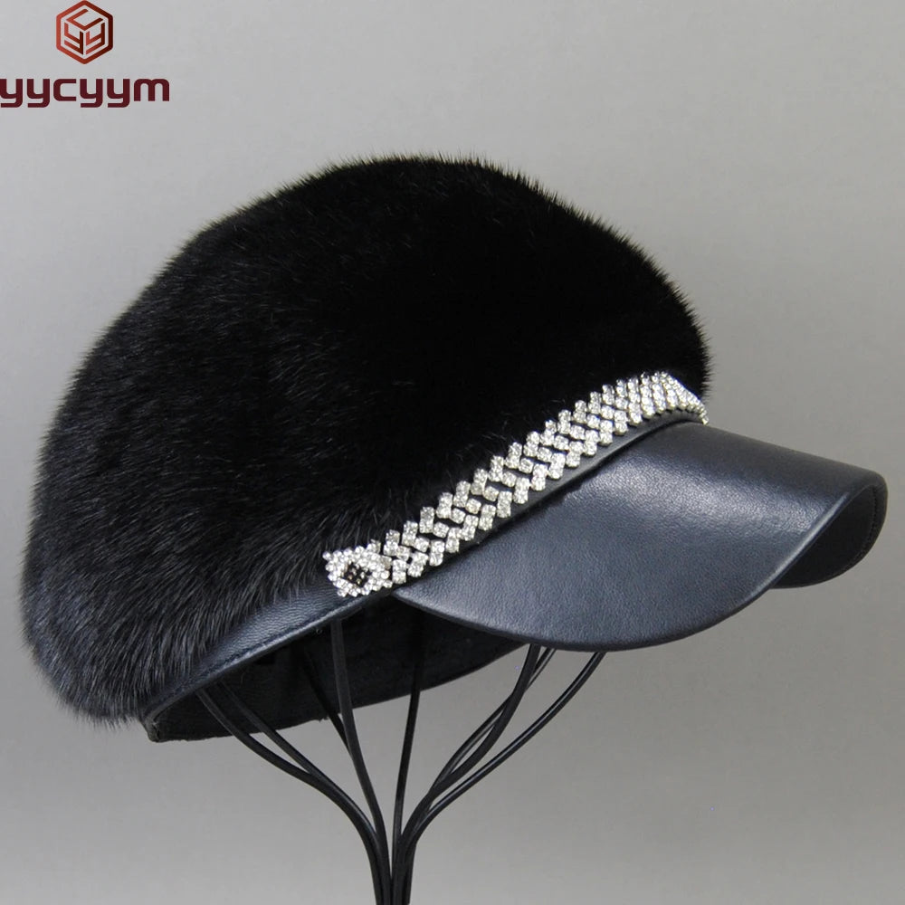 Hot Sale New Winter Women Full Pelt Real Mink Fur Hats Lady Luxury Warm Natural Mink Fur Visors Caps Female Fashion Mink Fur Hat