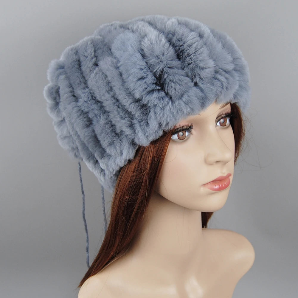 Winter Luxury Women Real Natural Rex Rabbit Fur Hats Fashion Lady Knitted Genuine Fur Caps Russian Outdoor Warm Fur Hats Beanies