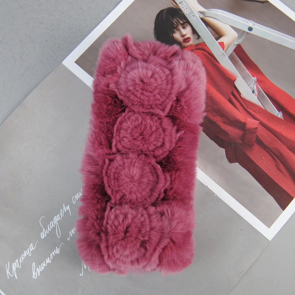 Autumn Winter Lady Real Rex Rabbir Fur Scarf Elastic Real Rex Rabbit Fur Headbands Flowers Natural Rex Rabbit Fur Ring Scarves