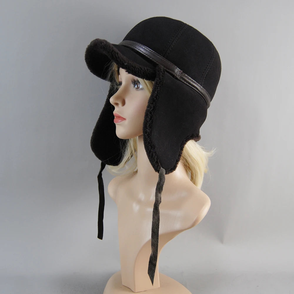 High Quality 2025 Winter Leather Hat Men Fur Lamb Wool Warm Thick Earflaps Bomber Hats Men's Baseball Cap Russian Hat