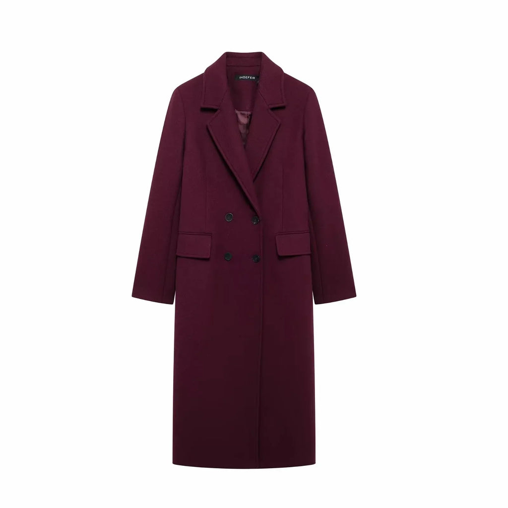 Women Autumn Burgundy Multicolour Wool Blended Overcoat for Women Fashion New Warm Double Breasted Lapel Long Coat Jacket
