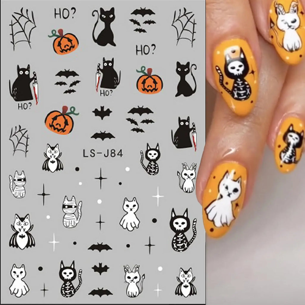 3D Halloween Nail Stickers: Ghost, Pumpkin, Bat, Cat, and Skeleton Designs - DIY Nail Art for Women and Children