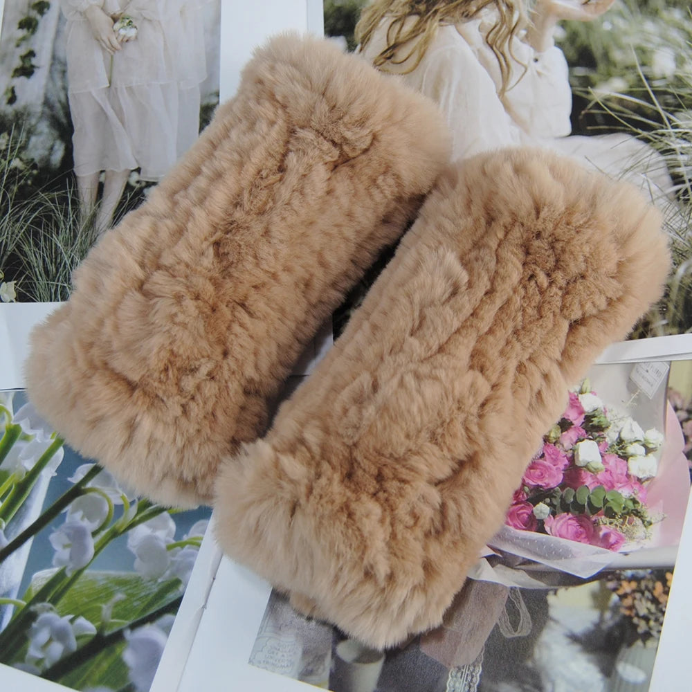 2025 Fashion Real Rex Rabbit Fur Women's Winter Gloves Genuine Fur Mittens Girl Fingerless Gloves Wrist Warmer Elastic Fluffy