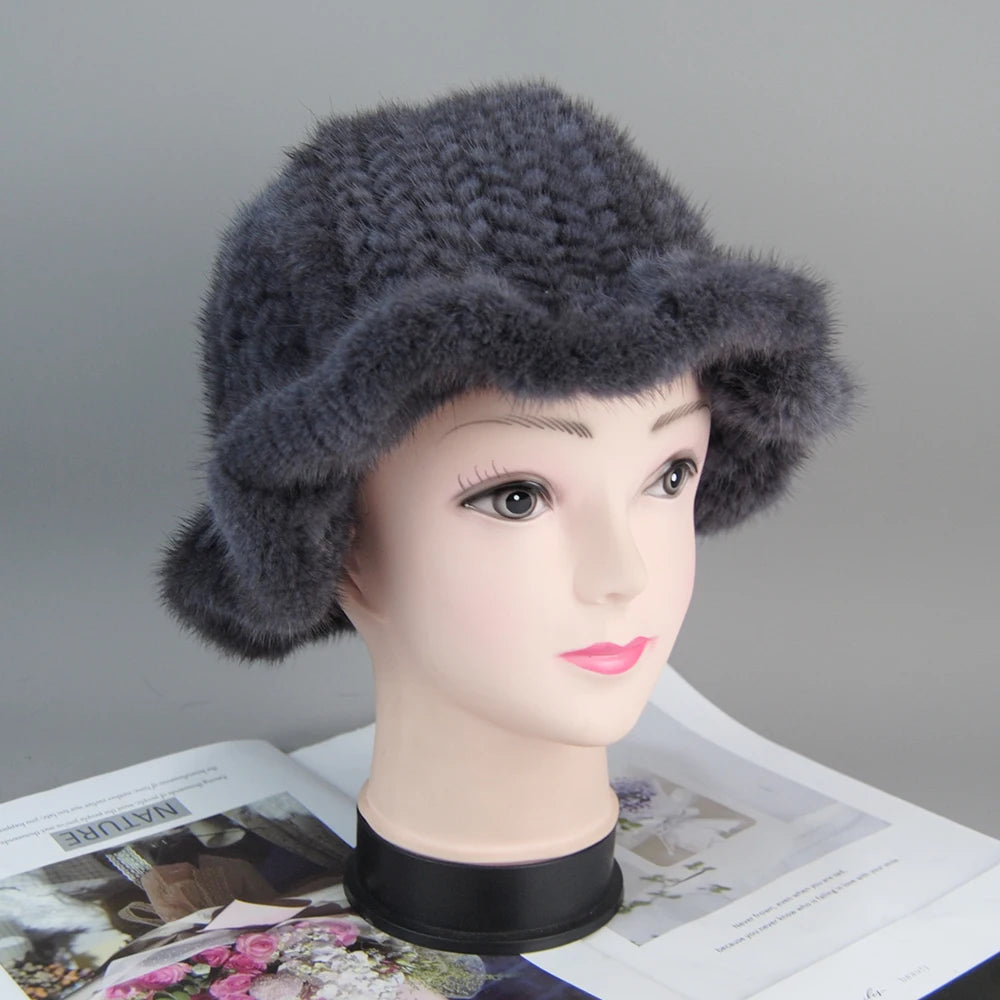 Women's Hat 2025 New Winter Real Mink Fur Hat Casual Luxury Flower Knitted Bucket Hat Pots Cap Lady Natural Mink Fur Cap Beanies
