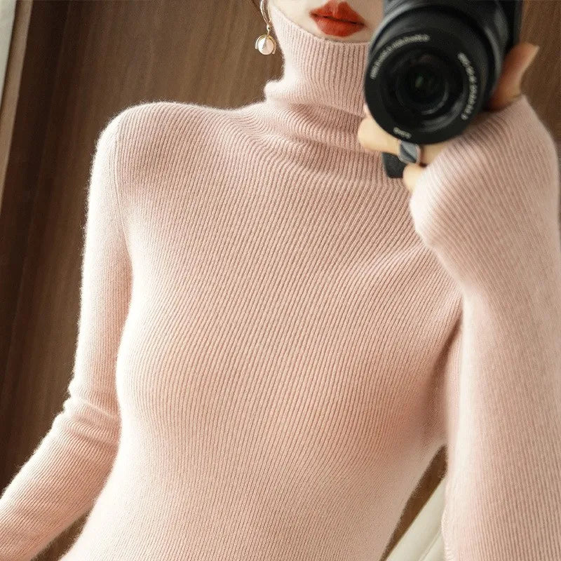 Women Heaps Collar Turtleneck Sweaters Autumn Winter Slim Pullover Women Basic Tops Casual Soft Knit Sweater Soft Warm Jumper
