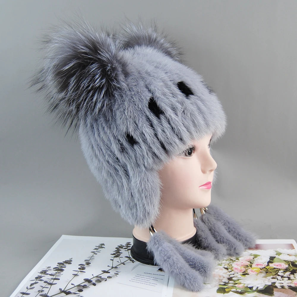 Russian Fur Hat Winter Warm Natural Mink Fur Hats for Women Classic Luxury Caps Earflap Hat Fashion Lady Real Mink Beanies Hat