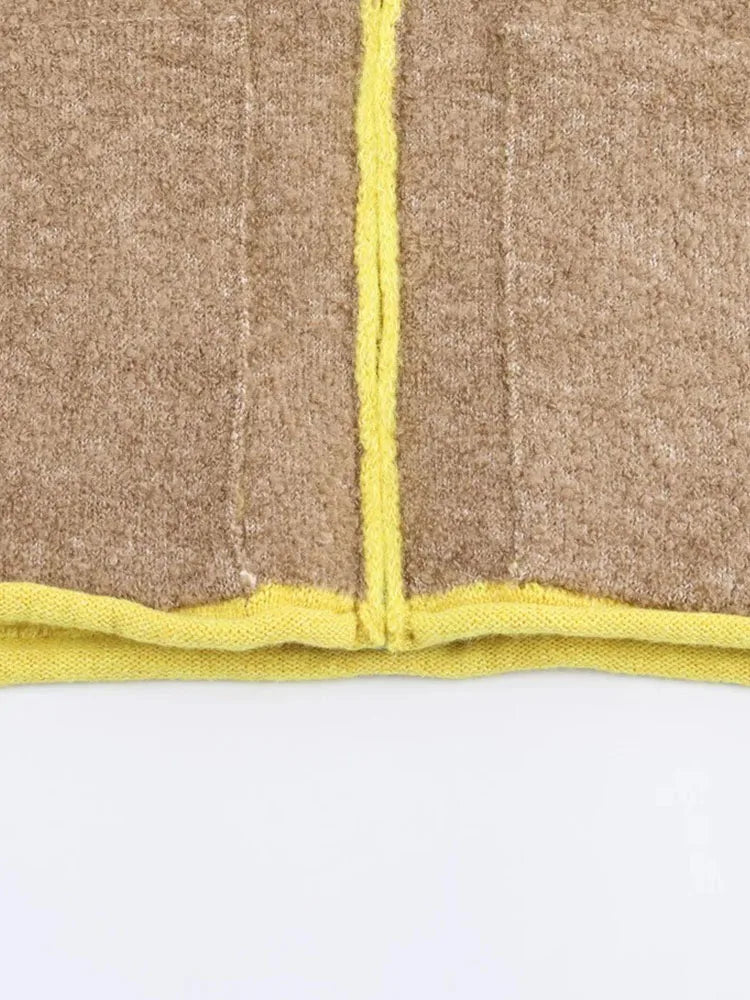 Women Autumn Winter New Color-block Knitwear Fleece Jacket Street Style Women's Fashion Outerwear Elegant Stand Collar Coat