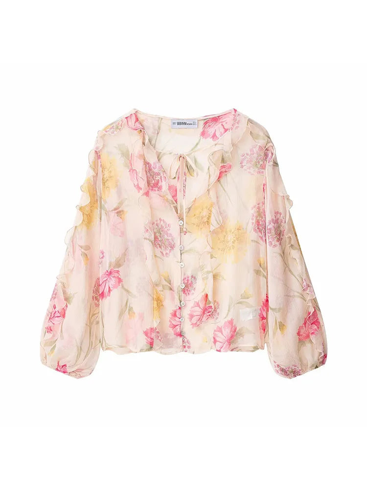 Women's Casual Chic Women Blouse Print Tierred V-Neck Long Flare Sleeve Loose Shirts New Fashion 2025 Autumn Blouses