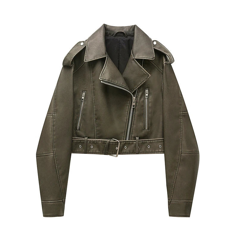 Army greeNew Coal graysty le Women's washed leather jacket with belt, short coat with downgraded zipper and vintage lapel jacket