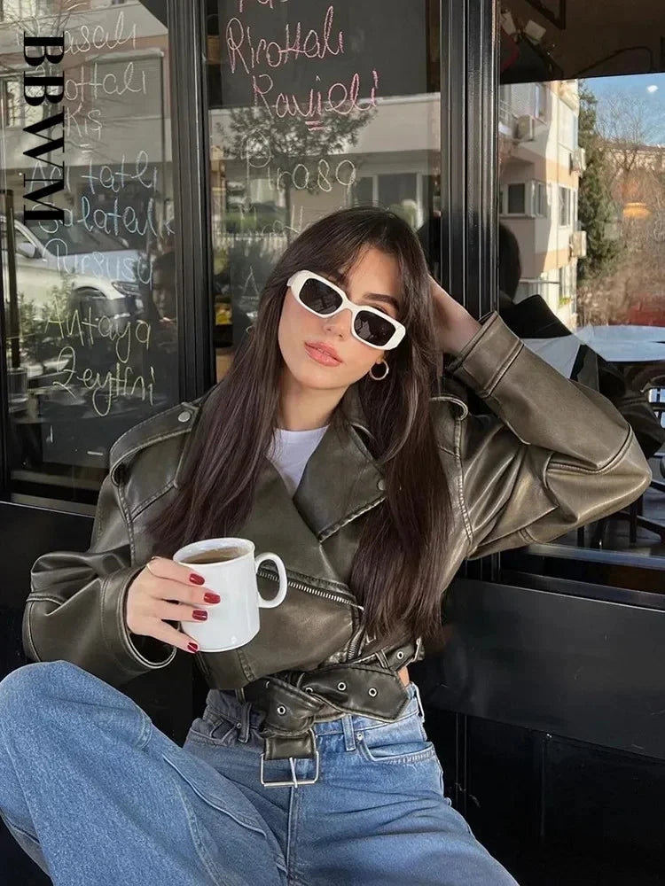 2025 Women Oversized Vintage Loose Pu Faux Leather Short Jacket with Belt Streetwear Female Zipper Retro Moto Biker Coat Outwear