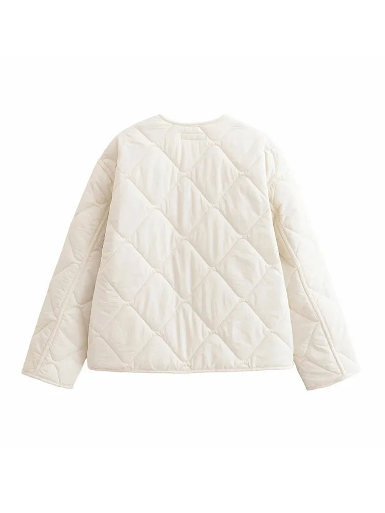Woman 2025 Autumn Comfy Outdoor Clothes High Street Pocket Simple Grid Jacket Vintage O-Neck Jackets Cotton-Padded Jacket