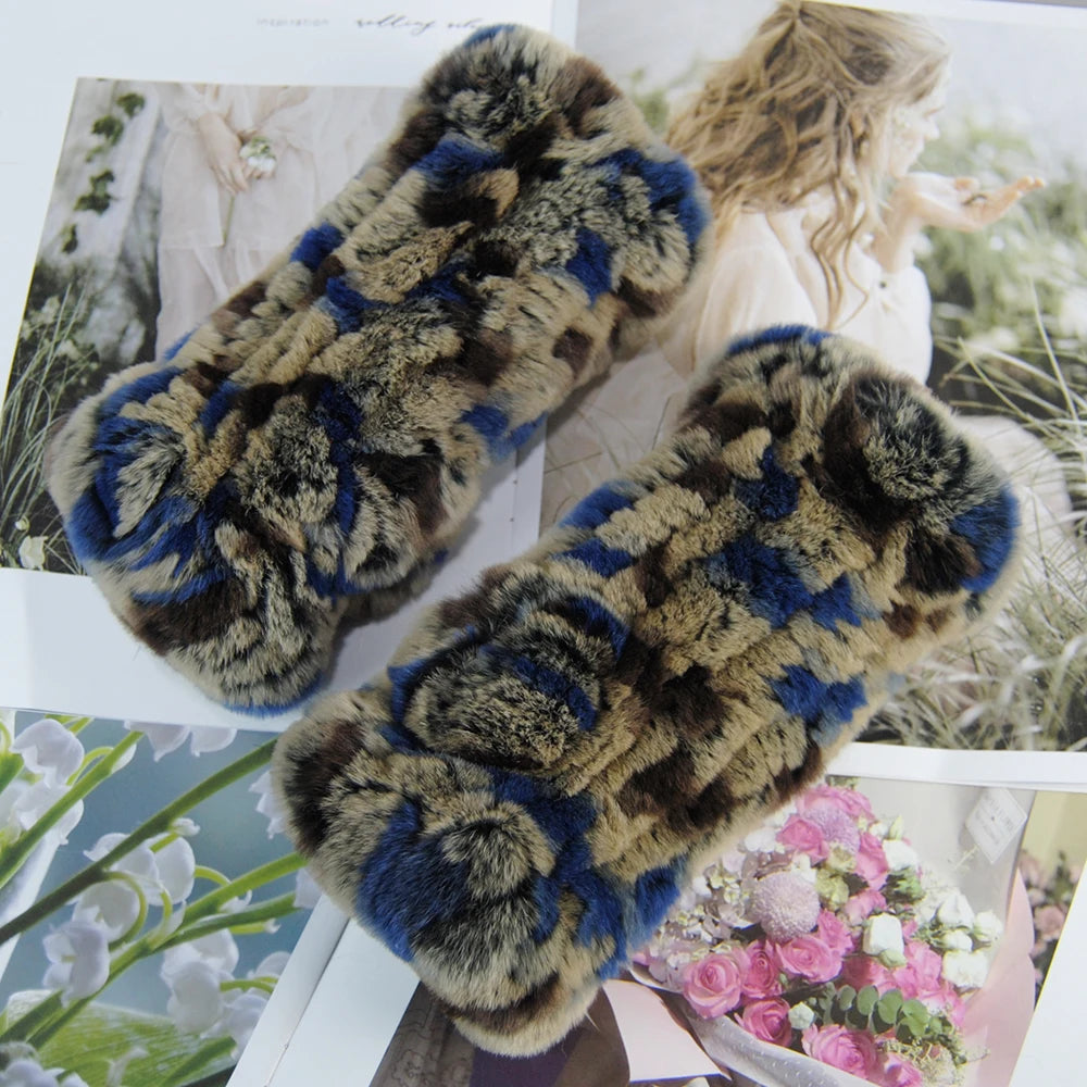 2025 Fashion Real Rex Rabbit Fur Women's Winter Gloves Genuine Fur Mittens Girl Fingerless Gloves Wrist Warmer Elastic Fluffy
