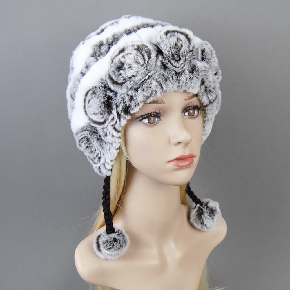 Hot Sale Women Warm Rex Rabbit Fur Hat Scarf Sets Winter Lady Knit Fur Hats Muffler 2 Pieces Natural Rex Rabbit Fur Cap Scarves