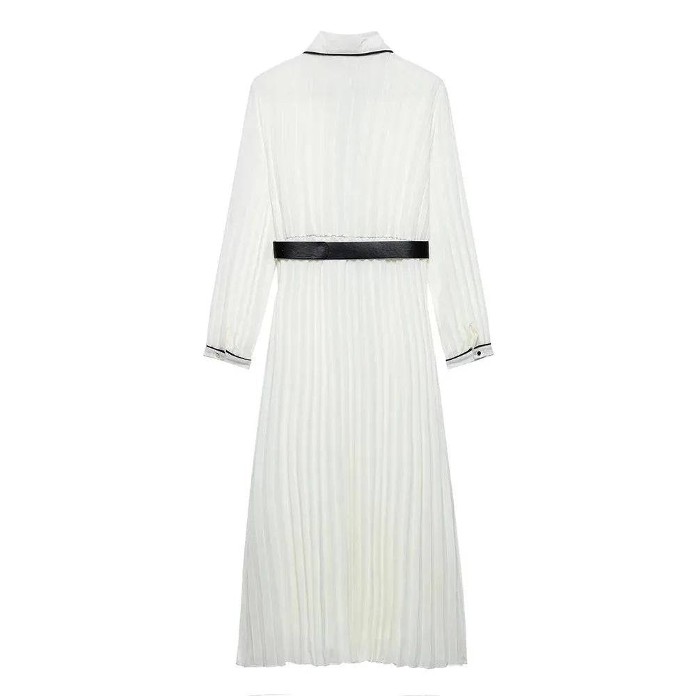 Women's Colourful Lapel Pleated Dress Corseted Long Sleeve Single Breasted (With Belt) Long Dress Elegant Women's Clothing