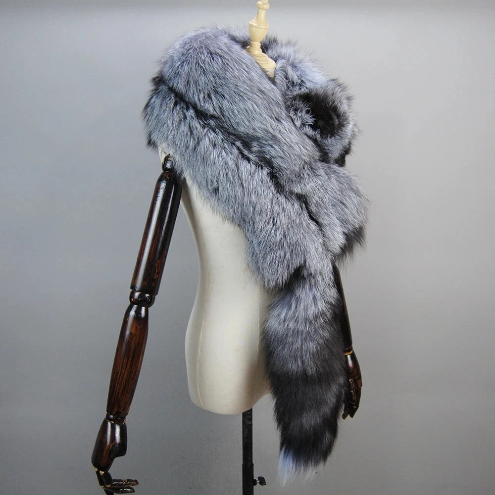 2025 Men's Real Fur Fox Scarf Woman Winter Warm Natural Fur Shawl Soft Headscarf Super big Gray Silver Fox Scarf Fur Accessories