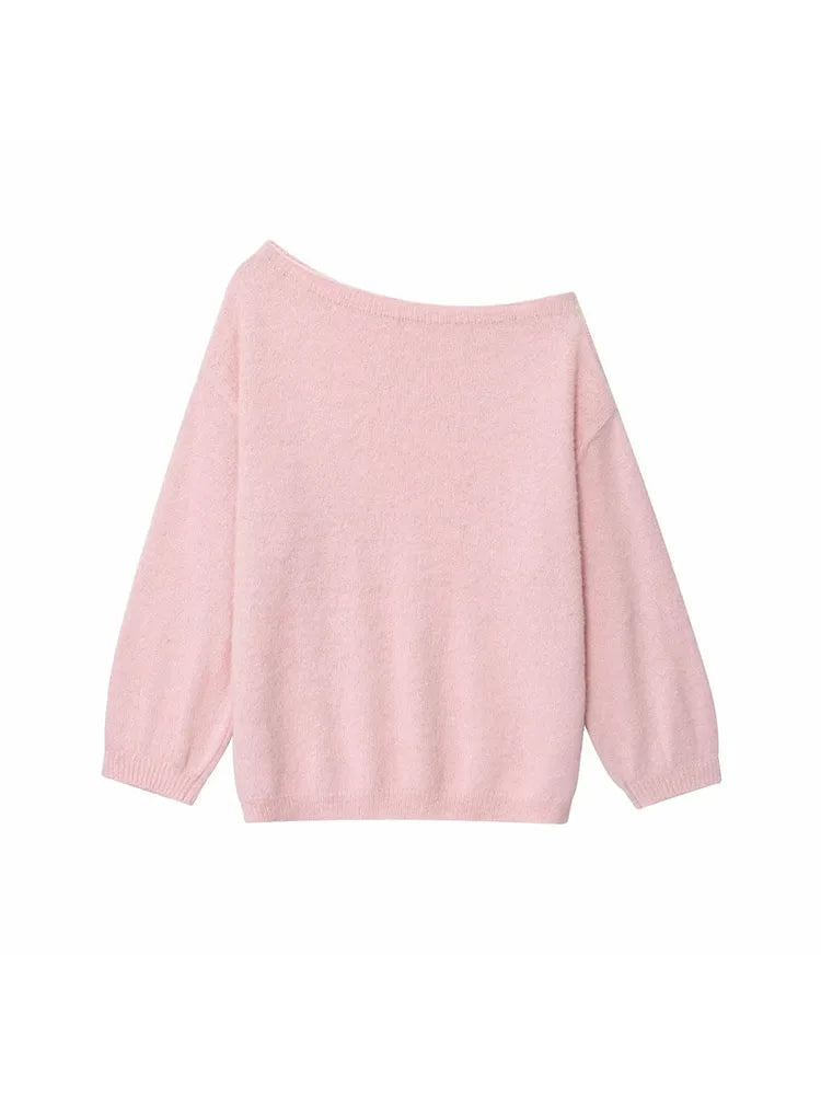 Women's Fashionable Lazy Pink One Shoulder Sweater 2025 Autumn New Design Sense Knitted Sweater Loose Top Female Clothing