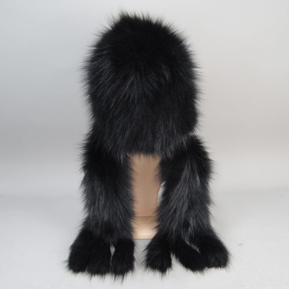 Luxury Knit Genuine Fur Caps Muffler Winter Thick Women 100% Natural Fox Fur Hat Scarves Lady Warm Fluffy Real Fox Fur Hat Scarf