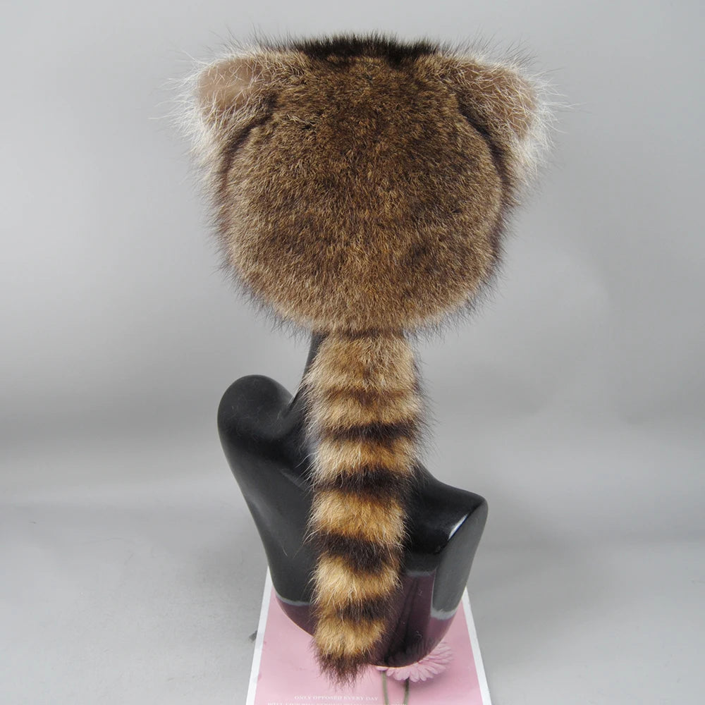 Hot Sale Lady Winter Warm Real Raccoon Fur Baseball Cap Brim Cute Ears Hat Women Girls Thick Fashion Warm Raccoon Fur Tail Hats