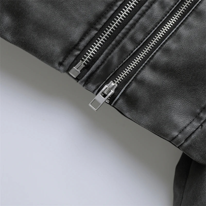 2025 Women's new short make old effect imitation leather motorcycle jacket jacket women's washed gray leather coat