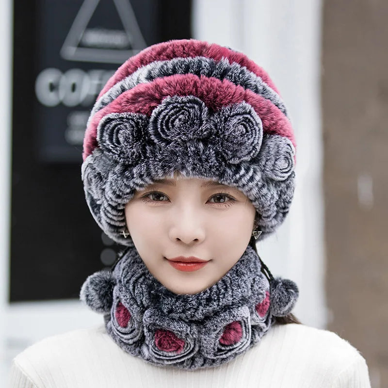 Hot Sale Women Warm Rex Rabbit Fur Hat Scarf Sets Winter Lady Knit Fur Hats Muffler 2 Pieces Natural Rex Rabbit Fur Cap Scarves