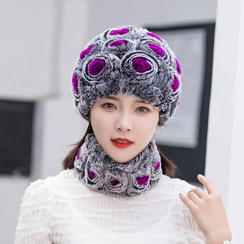 Winter Knitted 100% Natural Fur Hats Scarves Sets Women Warm Real Rex Rabbit Fur Hat Scarf Lady Fashiom Thick Rex Rabbit Fur Hat